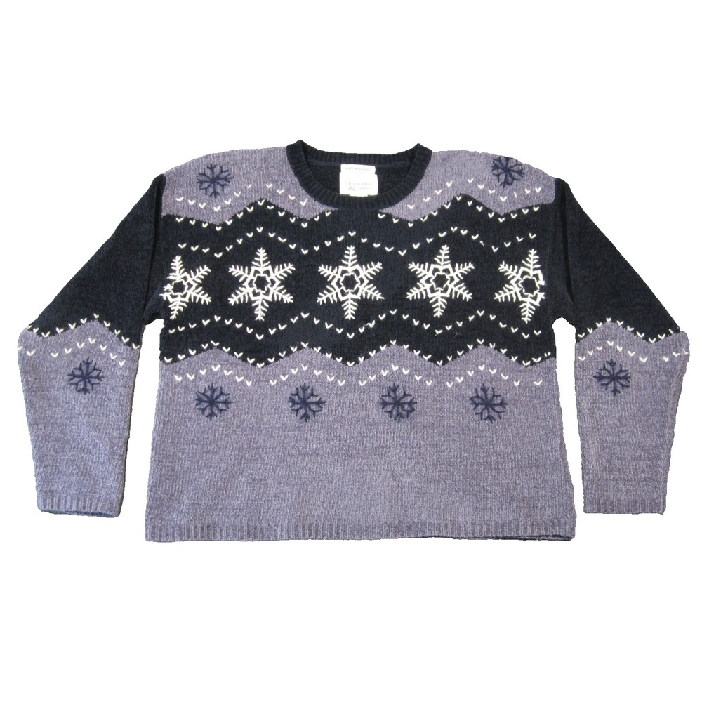 Christopher & Banks Hand Embroidered Sweater M Blue‎ Navy Snowflakes Cozy Winter
